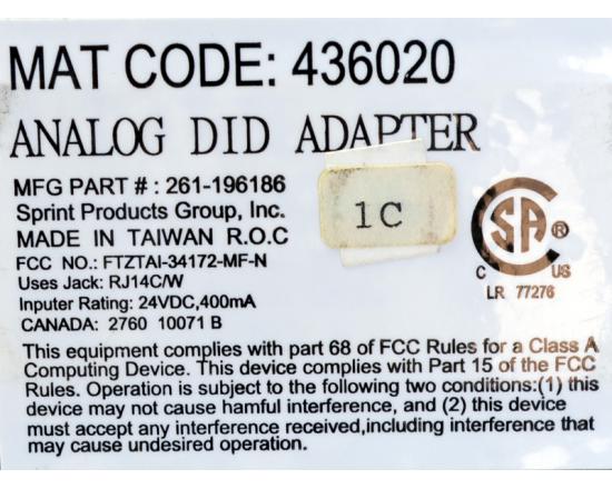 Sprint Protege 436020 Analog DID Adapter Sprint Protege 436020 Analog DID Adapter